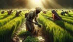 زمین های پهناور و سرسبز کشاورزی که در آنها کشاورزان مشغول زحمت کشیدن و کار هستند.نور گرم خورشید میتابه