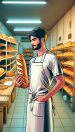 عکس پرتره نونوا مرد ایرانی تمام قد در نانوایی  سنگک دستش نون سنگک باشه و عکس عمودی باشه