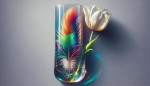 یک دونه پر سیمرغ و یک دونه گل لاله سفید داخل تنگ شیشه ای گرد