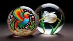 یک دونه پر رنگی سیمرغ و یک دونه گل لاله سفید داخل تنگ شیشه ای گرد