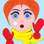 چشم های آبی . صورتی گرد.شال زرد . مو های قرمز .دستی بر گونه اش . دستی با دستکش قرمز