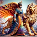 کوروش بزرگ پادشاه ایرانی و یک Griffin که در کنار او است و دارد به دوربین نگاه می کند (سه بعدی با استفاده از رنگ های اشرافی)