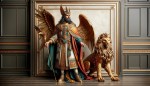 کوروش بزرگ که لباس اشرافی پوشیده است و یک Griffin در کنار او است (سه بعدی با استفاده از رنگ های اشرافی)