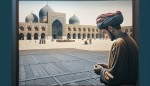 عکس با کیفیت از روبروی صحن انقلاب حرم امام رضا در روز که در آن یک مرد در حال دعا کردن است