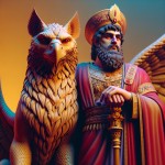 کوروش بزرگ هخامنشی و یک Griffin که در کنار او است و دارد به دوربین نگاه می کند (سه بعدی با استفاده از رنگ های اشرافی)