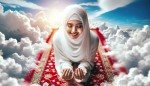 دختری زیبا رو ، با لبخندی ملیح ، و چهره ای راضی که با حجاب اسلامی باشد را در حال نماز و بر روی سجاده ای قرمز در ابرها به تصویر بکش