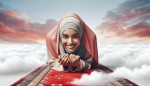 دختری زیبا رو ، با لبخندی ملیح ، و چهره ای راضی که با حجاب اسلامی باشد را در حال سجده نماز بر روی سجاده ای قرمز در ابرها به تصویر بکش