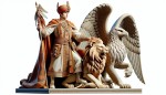 کوروش بزرگ که لباس اشرافی پوشیده است و یک شیردال (Griffin) در کنار او است (سه بعدی با استفاده از رنگ های اشرافی)