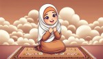دختری زیبا رو ، با لبخندی ملیح ، و چهره ای راضی که با حجاب اسلامی باشد را در حال سجده نماز بر روی سجاده ای قرمز در ابرها به تصویر بکش