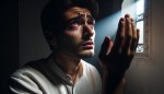 مرد جوانی در گوشه تاریک مسجد در حالیکه نور فقط به خودش و صورتش میتابه.در حال گریه ی شدید کردن و دعا کردن.دستش را رو به آسمان بالا برده مانند قنوت و دعا میکند
