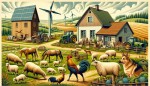 تصویر یک مزرعه با حیواناتی مانند اسب کوسفند و کلبه ماشین الات کشاورزی مرغ و خروس توربین بادی یک سگ
