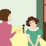 یک دختر با موهای قهوه ای کوتاه در حال صحبت کردن با مادرش در اتاق خواب است