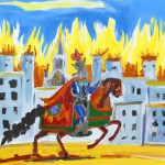 تصویر یک پادشاه سوار اسب درحال گذر از شهر