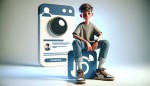 Create a 3D illustration of a boy animated character sitting casually on top of a social media logo Instagram The character must wear casual modern clothing. The background of the image is a social media profile page with a user name gg and a profile picture that match.Whit background.