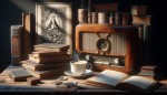 یک تصویر زمینه با رادیو و کتاب و قهوه برای قصه گویی طراحی کن