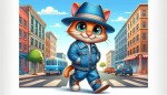 گربه ای ملوس با لباس لی در حال قدم زدن در خیابان