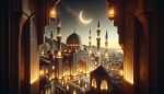 یک بکگراند با نور ملایم و گرم با المان های مذهبی ، مساجد ، مناره ، آسمان و هلال ماه برای یک برنامه مذهبی در ماه رمضان