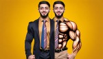 یک تصویر از یک فروشنده حرفه ای می‌خوام که نیمی از بدن این فرد بدن معمولی خودش و نیم دیگر این بدن این فرد یک بدن عضلانی که عضلاتش لباسش رو پاره کرده و لبخند به لب داره و موهاش هم مشخصه . تم و بک گراند با رنگ زرد طراحی بشه ، پاهاش معلوم نباشه و از شکم به بالا باشه عکس
