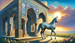 یک اسب که کنار یک ساختمان با المان های ایرانی است