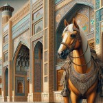 یک اسب که کنار (یک ساختمان با المان های ایرانی) است