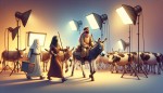 تصویر زن و شوهر که یکی سوار خر و دیگری سوار گاو شده اند