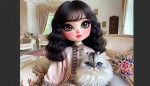 دختری با چشمان مشکی و موهای موجی مشکی با گونه های سرخ و لبان صورتی کم رنگ و مژه های بلند با لباس دکلته یاسی زیبا و حریر دار نشسته بر روی صندلی زیبا و انیمه ای در خانه مدرن و زیبای دخترانه با تم یاسی و گربه طوسی و در امیخته سفید با چشمان آبی در بغل