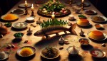 تنگ ماهی کوچک در وسط سفره هفت سین ایرانی و تبریک سال نو