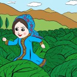 دختر سه ساله ایرانی با لباس محلی شمالی در حال دویدن در مزرعه چای برایم بکش.کارتونی