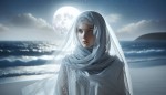دختری محجبه که در کنار دریا و در نور ماه ایستاده و بسیار هم زیبا است