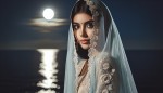 دختری محجبه که در کنار دریا و در نور ماه ایستاده و بسیار هم زیبا است