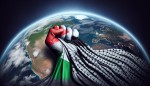 کره زمین در فضا، پرچم فلسطین به صورت پارچه بزرگ و افتاده بر روی کره زمین، کره زمین پوشیده شده با پرچم فلسطین، دست مشت کرده روز زمین