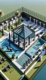 گلخانه سقف دودی مشکی هرمی شکل مثلثی زیبا ساده مدرن در وسط استخر سبک رومی با ستون تعداد کمی نخل جوی آب اطراف فنس سبز زمین تنیس و بسکتبال آلاچیق رومی مبل صندلی رنگها تیره و مشکی چند مجسمه اسب زیبا. ساده