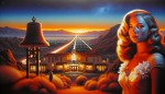 دختری زیبا آمریکایی با موهای زیبا که پشت سر او یک هتل قدیمی ساده  در شب سفید با ناقوس بزرگ و زیبا در کنار جاده کویری کالیفرنیا
