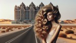 دختری زیبا آمریکایی با موهای زیبا  که پشت سر او یک هتل با ناقوس بزرگ و زیبا در کنار جاده کویری