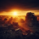 بنا های ویران شده اسرائیل پس از یک جنگ بزرگ در غروب خورشید
