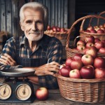 عکس قدیمی پیرمردی با چند سبد سیب در جلویش و یک ترازو  ،  میوه فروش