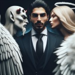 مردی قوی و زیبا با کت و شلوار که در بین شیطان و فرشته وجود خود قرار گرفته