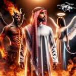 مردی مسلمان قوی و زیبا با لباس عربی که در بین شیطان و فرشته وجود خود قرار گرفته