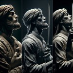 3 تصویر از یک مرد مسلمان قوی تصویر اول درحال تعظیم تصویر دوم مجسمه این مرد و تصویر سوم تبر در دست بالابرده تا چیزی را نابود کند