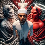 مردی مسلمان قوی و زیبا که در بین شیطان و فرشته وجود خود قرار گرفته