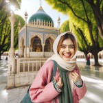 یک دختر خوشحال با مانتوی صورتی و مقنعه سفید و محجبه و با شال گردن سبز ایستاده در کنار یک امامزاده بزرگ و نورانی و  درختانی سبز و زیبا در حیاط امامزاده و نور خورشید بسیار زیبا