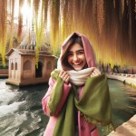 یک دختر خوشحال با مانتوی صورتی و مقنعه سفید و با شال سبز ایستاده در کنار یک امامزاده در کنار رودخانه و یک طرف دیوار و درختانی که از دیوار آویزان شده اند و نور خورشید بسیار زیبا