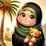 دختر تمام قد 9 ساله تپل با چادر مشکی اسلامی و روسری سبز که در دست آن یک عروسک خرسی نارنجی قرار دارد و دختر در حال خندیدن است. پشت آن یک نخل تمام قد قرار دارد که نور خورشید به آن تابیده است. و روی آن کمی خرما است.