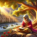 یک دختر خوشحال با مانتوی صورتی و مقنعه سفید در حال نوشتن نامه با مداد و دفتر در کنار رودخانه و یک طرف دیوار و درختانی که از دیوار آویزان شده اند و نور خورشید بسیار زیبا