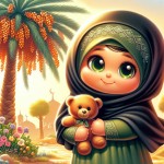 دختر تمام قد 9 ساله تپل با چادر مشکی اسلامی و روسری سبز که در دست آن یک عروسک خرسی نارنجی قرار دارد و دختر در حال خندیدن است. پشت آن یک نخل تمام قد قرار دارد که نور خورشید به آن تابیده است. و روی آن کمی خرما است.