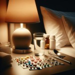 چندین قرص و دارو روی میز است. یک چراغ کوچ هم روی میز قرار دارد. یک لیوان آب هم کنار آن است.