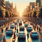 چند ماشین جدید در یک خیابان در بغداد که در حال تردد هستند. در خیابان نخل های زیادی وجود دارد. خیابان دو طرفه است و مردم در حال رفت و آمد هستند.