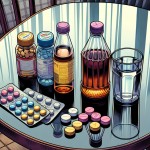 چهار بسته قرص و یک شربت روی یک میز بزرگ همراه با یک لیوان آب