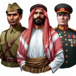 سه مرد یمنی که در کنار هم که یکی لباس  کمونیستی، یکی لباس دشداشه عربی و دیگری سرباز عثمانی به تن داشته و قیافه‌های مصممی دارند