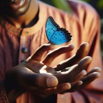 یک پروانه آبی رنگ روی یک دست مردانه نورانی